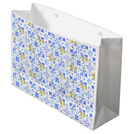Sacola Para Presentes Grande Azulejo Azul Francês Padrão de Limão Country