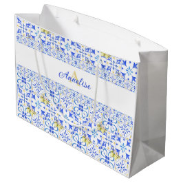 Sacola Para Presentes Grande Azulejo Azul Francês País Padrão de Limão Monogram
