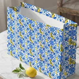 Sacola Para Presentes Grande Azulejo Azul Limão Amarelo 