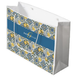 Sacola Para Presentes Grande Azulejo Azul Limão Aquarela Monograma Nome Grande