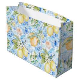 Sacola Para Presentes Grande Azulejo Azul Mediterrâneo Limão Amarelo Aquarela