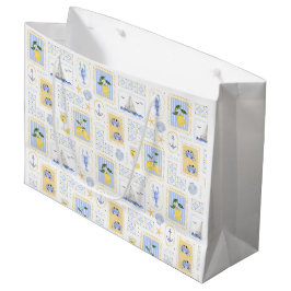Sacola Para Presentes Grande Azulejo Azul Mediterrâneo Limão Amarelo Costeiro