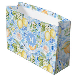 Sacola Para Presentes Grande Azulejo Azul Mediterrâneo Limoncello Monograma Nom