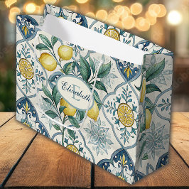 Sacola Para Presentes Grande Azulejo Azul Padrão de Limão Country Francês Monog