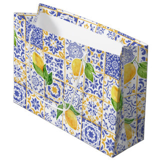 Sacola Para Presentes Grande Azulejo de Aquarela Mediterrâneo Padrão Limão