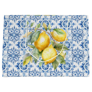 Sacola Para Presentes Grande Azulejo de aquarelas italianas, de cor azul e bran