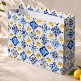 Sacola Para Presentes Grande Azulejo Francês Padrão Limão Azulejo Azul