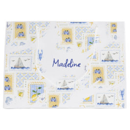 Sacola Para Presentes Grande Azulejo Mediterrâneo Limão Monograma Nome Costeiro