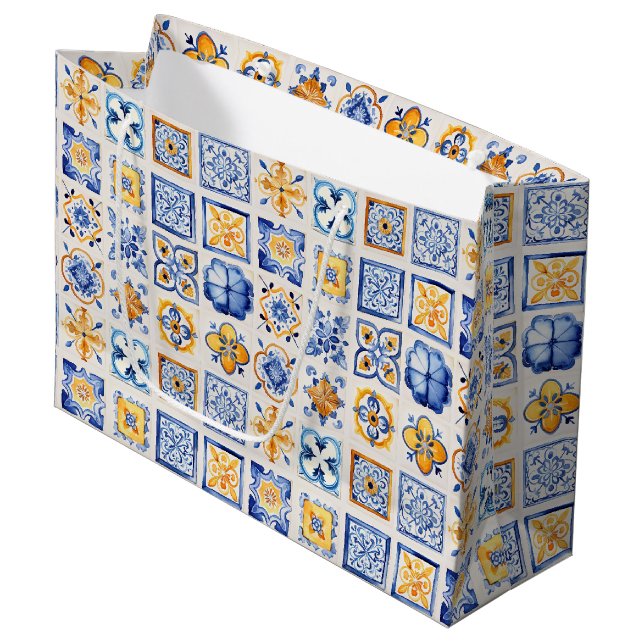 Sacola Para Presentes Grande Azulejos Azuis Brancos e Amarelos Padrão Estética  (Frente inclinada)