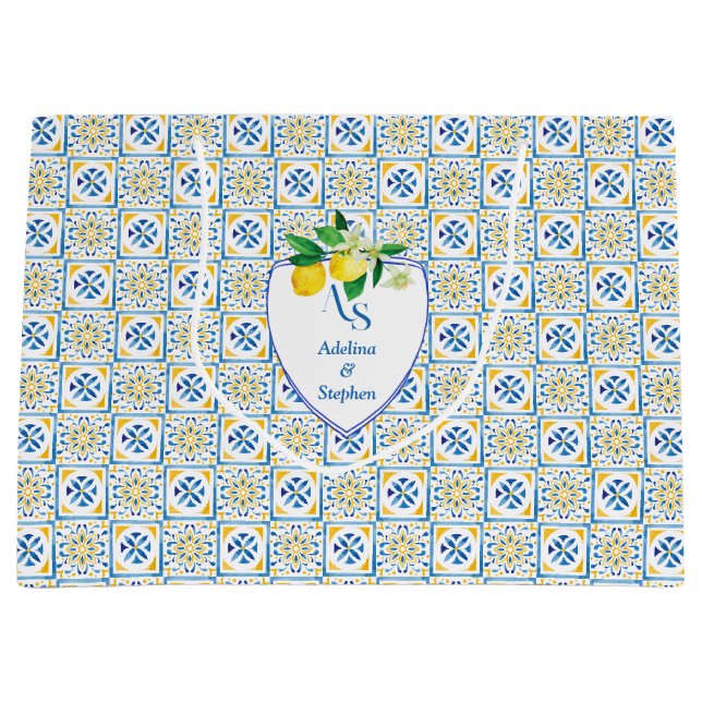 Sacola Para Presentes Grande Azulejos do Mediterrâneo Azul Itália Crest Lemon W (Frente)