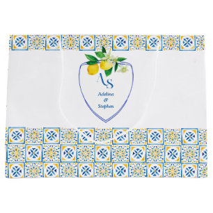 Sacola Para Presentes Grande Azulejos mediterrânicos Itália Blue Crest Lemon We
