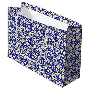 Sacola Para Presentes Grande Azulejos mediterrânicos Padrão Azul e Amarelo