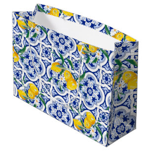 Sacola Para Presentes Grande Azulejos portugueses, limões, frutas, arte de ver