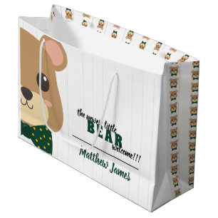 Sacola Para Presentes Grande Baby Boy Bear Green e Dourado