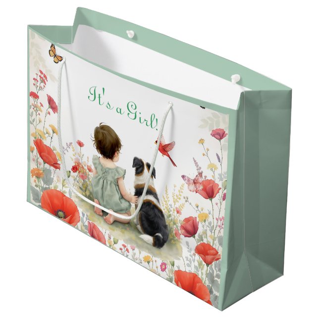 Sacola Para Presentes Grande Baby Girl and her Puppy Baby Shower  (Frente inclinada)