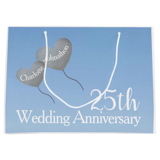 Sacola Para Presentes Grande Balões cardíacos do 25 Silver aniversário no céu (Frente)