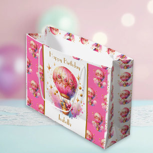 Sacola Para Presentes Grande Balões de ar quente bonito, cor-de-rosa e Dourados