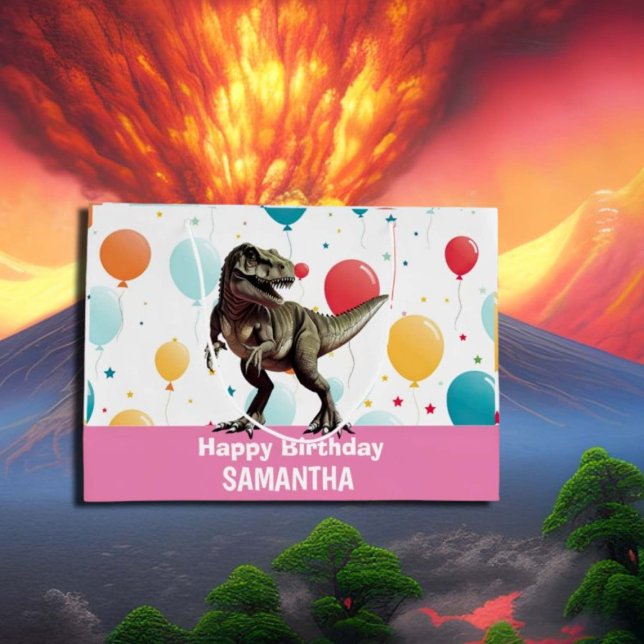 Sacola Para Presentes Grande Balões do Partido Dinossauro Rosa (Criador carregado)