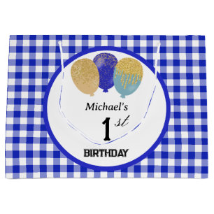 Sacola Para Presentes Grande Balões do Partido Gingham Azul e Glitter