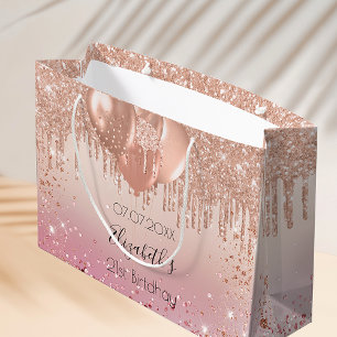 Sacola Para Presentes Grande Balões-gotas de ouro, cor-de-rosa-de-rosa-aniversá