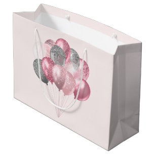 Sacola Para Presentes Grande Balões Luminosos Rosa e Prata