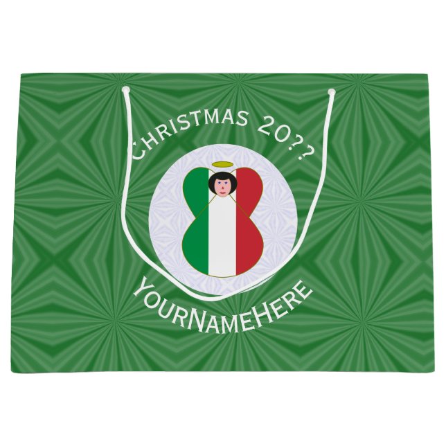 Sacola Para Presentes Grande Bandeira de Natal do Anjo Italiano Personalizada (Frente)