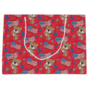 Sacola Para Presentes Grande Bandeira Patriótica com Urso de Onda