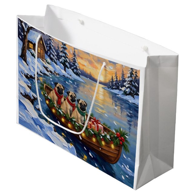 Sacola Para Presentes Grande Barco de Natal Pug Férias (Frente inclinada)