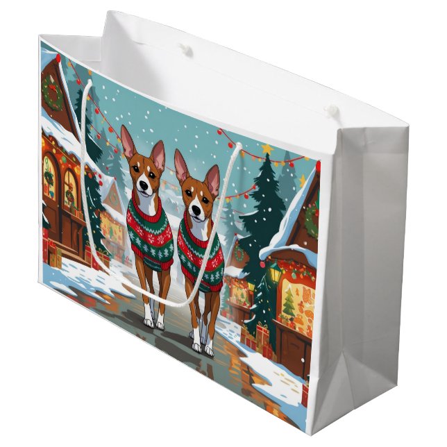 Sacola Para Presentes Grande Basenji Dogs Christmas Snow Holiday  (Frente inclinada)