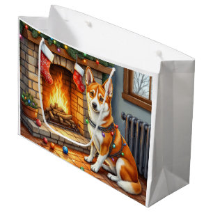 Sacola Para Presentes Grande Basenji Sentado ao Lado da Lareira com Luzes de Na