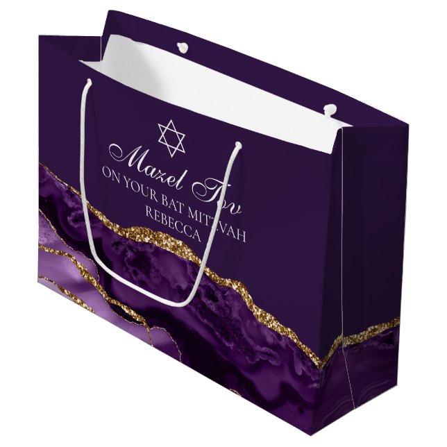 Sacola Para Presentes Grande Bat Personalizado Mitzvah Mazel Tov Roxo Dourado (Frente inclinada)