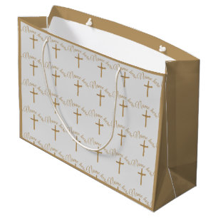Sacola Para Presentes Grande Batismo de Natal Dourado Personalizado
