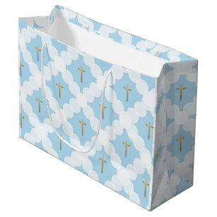 Sacola Para Presentes Grande Batismo Moderno Dourado Azul