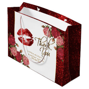 Sacola Para Presentes Grande Batom Vermelho e Rosas - Obrigado