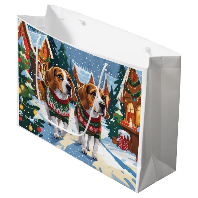 Sacola Para Presentes Grande Beagle Dogs Christmas Snow Holiday (Frente inclinada)