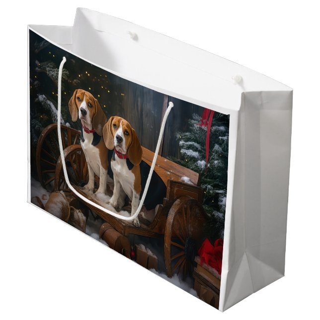 Sacola Para Presentes Grande Beagle Snowy Sleigh Decência de Natal (Frente inclinada)