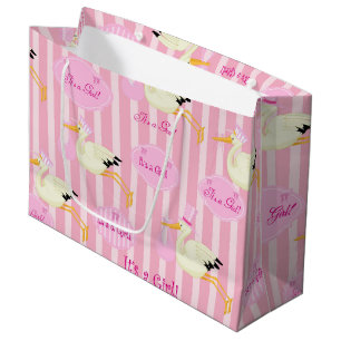 Sacola Para Presentes Grande Bebê cegonha Rosa Stripes