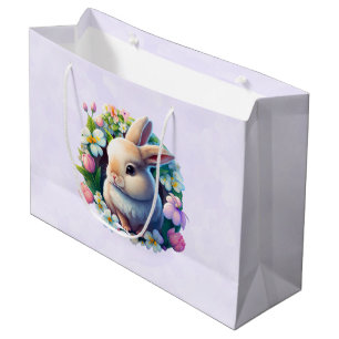 Sacola Para Presentes Grande Bebê coelho entre as flores coloridas da primavera
