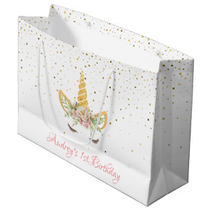 Sacola Para Presentes Grande Bebê floral Dourado do aniversário do chifre do