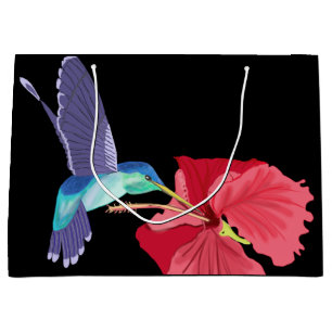 Sacola Para Presentes Grande Beija-flor azul e verde e Hibiscus vermelho Grande