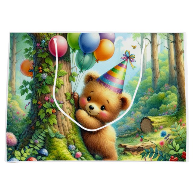 Sacola Para Presentes Grande Bela Caricatura Bear Bear Cubo Aniversário (Frente)