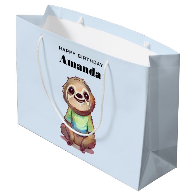 Sacola Para Presentes Grande Bela Sloth Vestindo Camisa Aniversário (Verso inclinado)