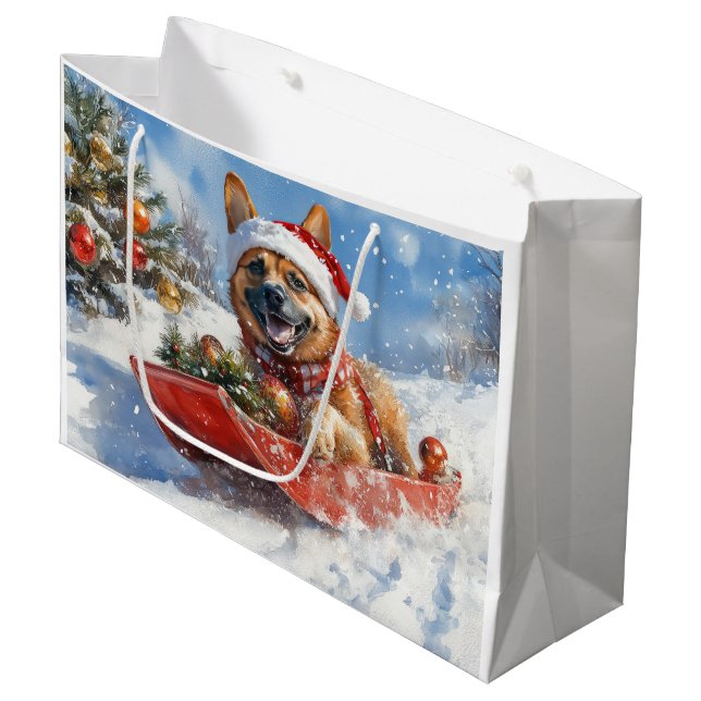 Sacola Para Presentes Grande Belga Malinoi em Sledge Deixe nevar o Natal (Frente inclinada)