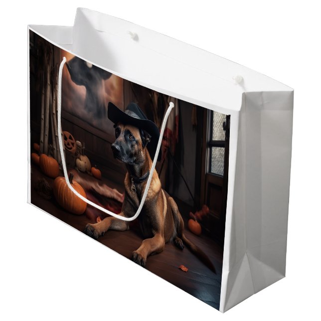 Sacola Para Presentes Grande Belga Malinois Pumpkins Halloween Scary (Frente inclinada)