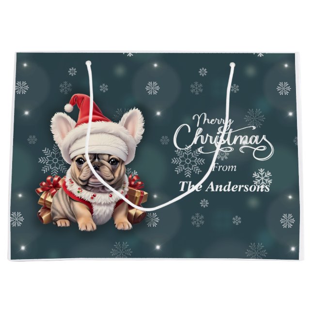 Sacola Para Presentes Grande Belo Bulldog Francês Santa Hat Feliz Natal (Frente)