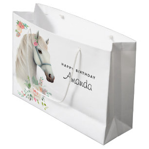 Sacola Para Presentes Grande Belo Cavalo Branco Boho Floral Aniversário