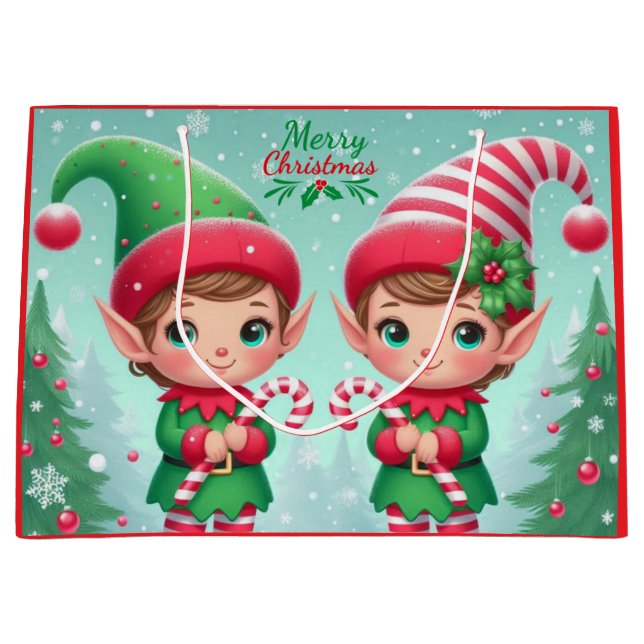 Sacola Para Presentes Grande Belos elfos de Natal (Frente)