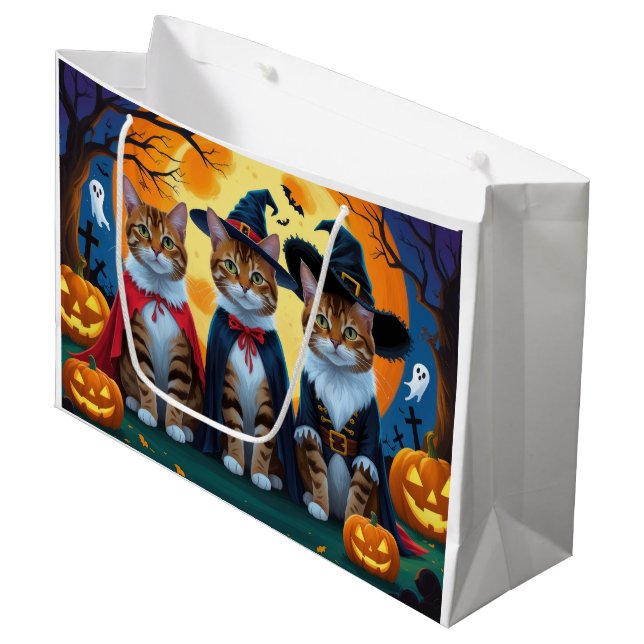 Sacola Para Presentes Grande Bengala Cats Pumpkin Halloween Engraçado (Frente inclinada)