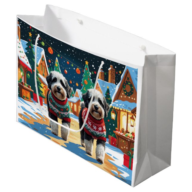 Sacola Para Presentes Grande Bernedoodle Dogs Christmas Snow Holiday (Frente inclinada)