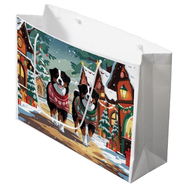 Sacola Para Presentes Grande Bernese Mountain Dogs Christmas Snow Holiday (Frente inclinada)
